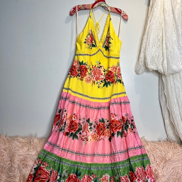 Farm Rio Manuela Halter Floral Scalloped Colorful Pastel Maxi Dress